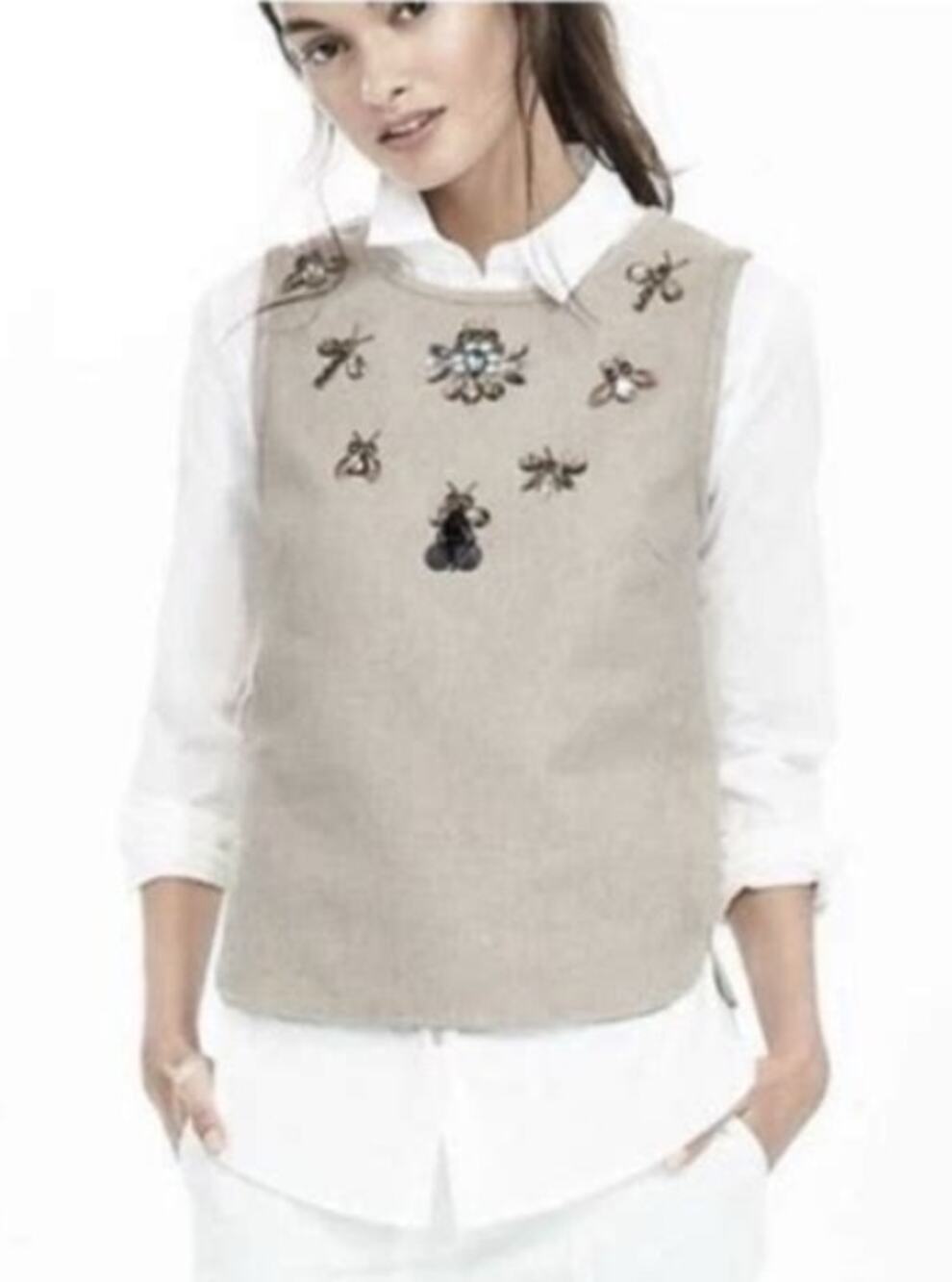 Banana Republic Jeweled Bugs Bee Dragonfly Embellished Linen Top Sz Small